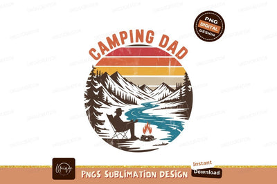 Dad camping by river with campfire mountains trees Sublimation Designangry 