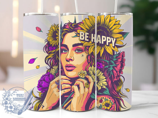 Daily Affirmations Be Happy 20oz Tumbler, Be Happy Quote, Young Woman Wrap, Sublimation Wrap, 20oz Tumbler Design, PNG Tumbler Wrap, Positive Message Sublimation ToriDesigns 