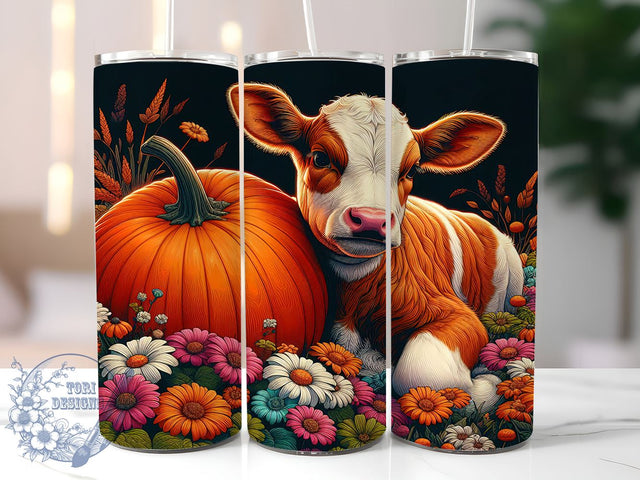 Dairy Cow Fall 20oz Skinny Tumbler PNG, Farm Pumpkins Flowers Tumbler Sublimation Wrap, Straight & Tapered Tumbler Wrap, Instant Digital Download Sublimation ToriDesigns 