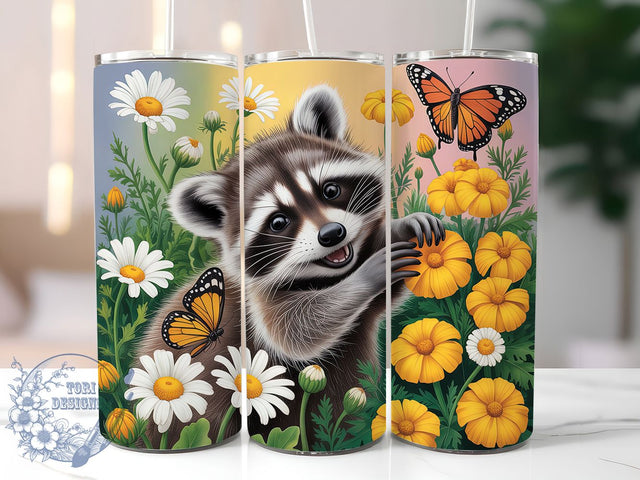 Daisy Floral Raccoon 20oz Tumbler, Daisy Cup Wrap, Cute Animal Design, Sublimation Tumbler Wrap, 20Oz Tumbler Design, Artistic Floral Cup, Stylish Raccoon Wrap Sublimation ToriDesigns 