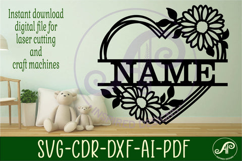 Daisy flower heart shape name sign svg laser cut file SVG APInspireddesigns 