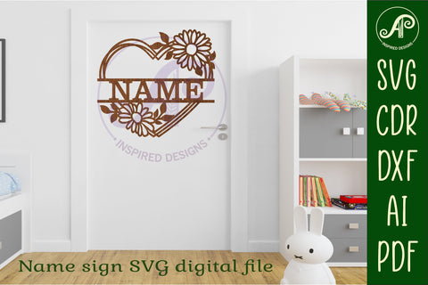 Daisy flower heart shape name sign svg laser cut file SVG APInspireddesigns 