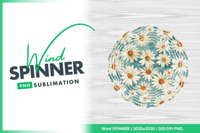 Daisy Flower Pattern on Teal Background with Leaves and Wind Spinner Round Png Sublimation Regulrcrative 