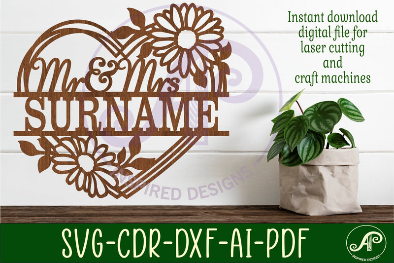 Daisy heart shape Mr and Mrs name sign svg laser cut file - So Fontsy