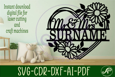 Daisy heart shape Mr and Mrs name sign svg laser cut file SVG APInspireddesigns 