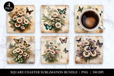 Daisy Square Coaster Bundle, Butterfly Sublimation PNG Sublimation BijouBay 