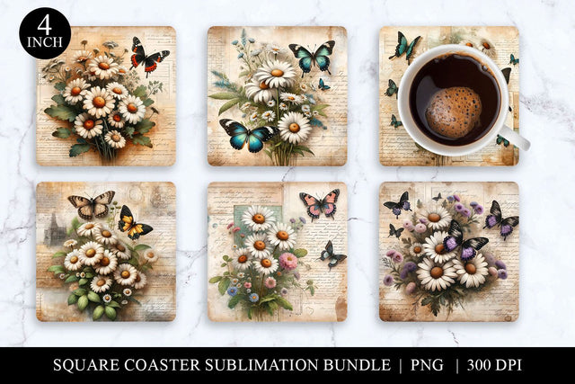 Daisy Square Coaster Bundle, Butterfly Sublimation PNG Sublimation BijouBay 