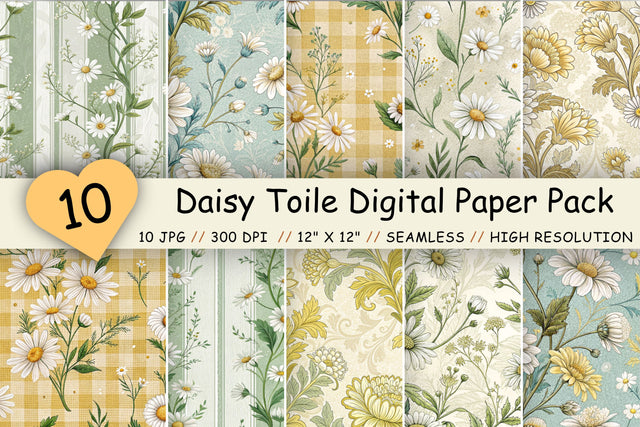 Daisy Toile Digital Paper Pack, Vintage Floral Toile, Gingham & Stripe Seamless Patterns, Wedding, Scrapbooking & Printable Crafts Digital Pattern FloridPrintables 
