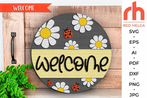 Daisy Welcome Door Sign SVG, Ladybug Spring Hanger Cut File SVG RedHelgaArt 