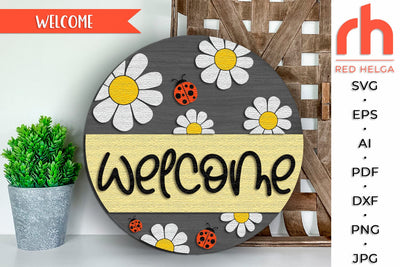 Daisy Welcome Door Sign SVG, Ladybug Spring Hanger Cut File SVG RedHelgaArt 