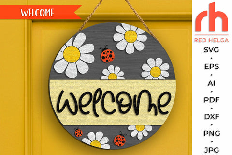 Daisy Welcome Door Sign SVG, Ladybug Spring Hanger Cut File SVG RedHelgaArt 