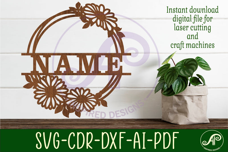 Daisy wreath name sign svg laser cut template SVG APInspireddesigns 