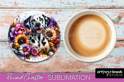 Dalmatian Round Coaster - Dog Mom Floral Coaster Sublimation Sublimation OrangeBrushStudio 