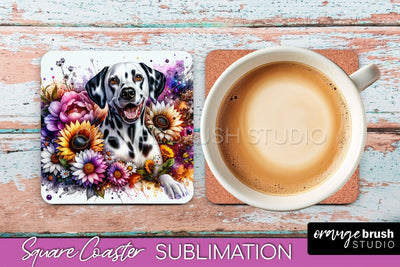 Dalmatian Square Coaster - Dog Mom Floral Coaster Sublimation Sublimation OrangeBrushStudio 