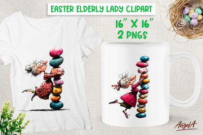Dancing Elderly old lady with Easter eggs clipart PNG Sublimation Angelina Semenova 
