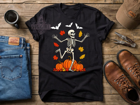 Dancing Skeleton Fun T-Shirt PNG, Halloween Pumpkins, Autumn Foliage, Spooky Fun, Sublimation PNG, Holiday Shirt, Festive Vibes Sublimation SvggirlplusArt 