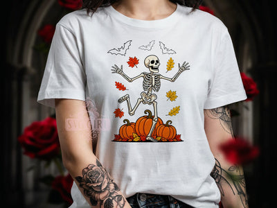 Dancing Skeleton Fun T-Shirt PNG, Halloween Pumpkins, Autumn Foliage, Spooky Fun, Sublimation PNG, Holiday Shirt, Festive Vibes Sublimation SvggirlplusArt 