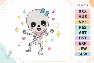 Dancing Skeleton Girl with Bow Halloween Embroidery Design Embroidery/Applique DESIGNS sg embroidery 