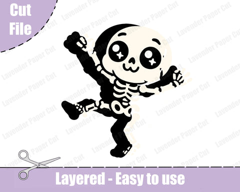 Dancing Skeleton Layered SVG, PNG, Clipart, Cute Kawaii Skeleton, Halloween SVG, Spooky Season, Cut File for Cricut or Silhouette SVG Lavender Paper Cut 