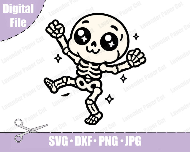 Dancing Skeleton Layered SVG, PNG, Clipart, Cute Kawaii Skeleton, Halloween SVG, Spooky Season, Cut File for Cricut or Silhouette SVG Lavender Paper Cut 