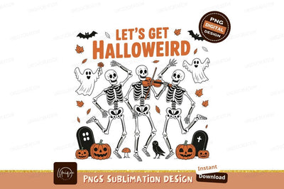 Dancing skeletons playing violin with ghosts and pumpkins Sublimation Designangry 