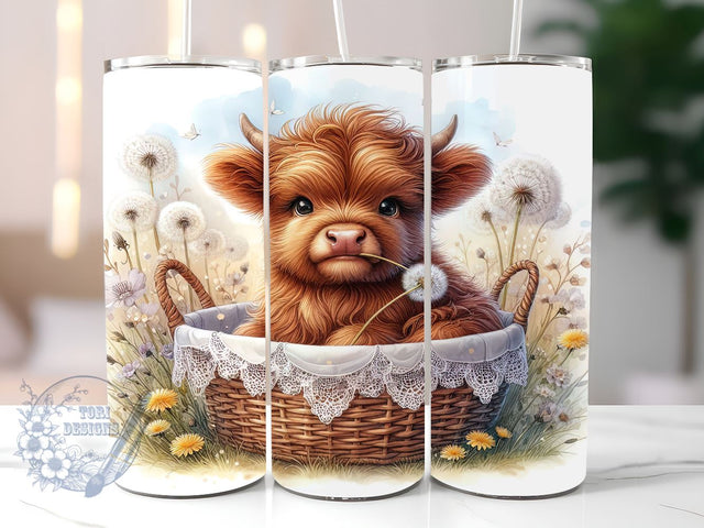 Dandelion Flower Highland Cow 20oz Skinny Tumbler, Highland Cow Tumbler Png, Straight & Tapered Tumbler Wrap, Instant Digital Download Sublimation ToriDesigns 