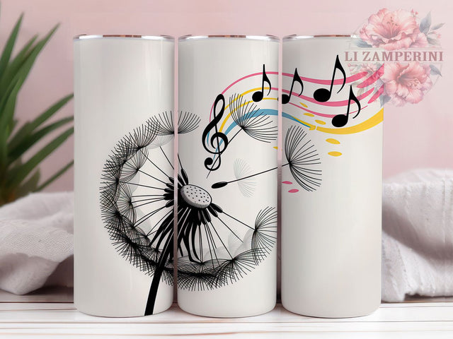 Dandelion Music Notes Tumbler, Floral Music Wrap, Elegant Nature Cup, 20oz Sublimation Wrap, Stylish Dandelion Music Tumbler, Artistic Floral Design Cup, Botanical Musical Theme Wrap Sublimation Li Zamperini 