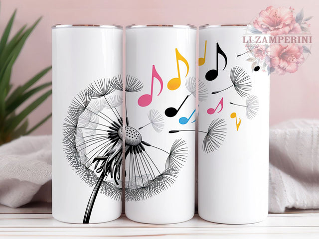 Dandelion Music Notes Tumbler, Floral Music Wrap, Elegant Nature Cup, 20oz Sublimation Wrap, Stylish Dandelion Music Tumbler, Artistic Floral Design Cup, Botanical Musical Theme Wrap Sublimation Li Zamperini 