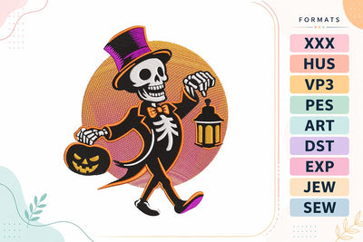 Dapper Skeleton with Lantern and Pumpkin Halloween Embroidery Design Embroidery/Applique DESIGNS sg embroidery 