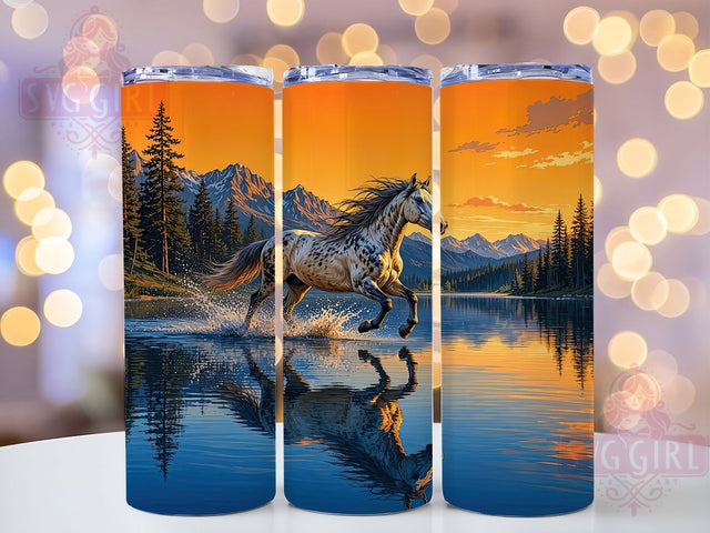 Dappled Horse Lake Sunset 20oz Tumbler, Horse Design, Dappled Pattern, Lake Scene, Sunset Motif, Rustic Charm, 20oz Wrap, Sublimation Tumbler Sublimation SvggirlplusArt 