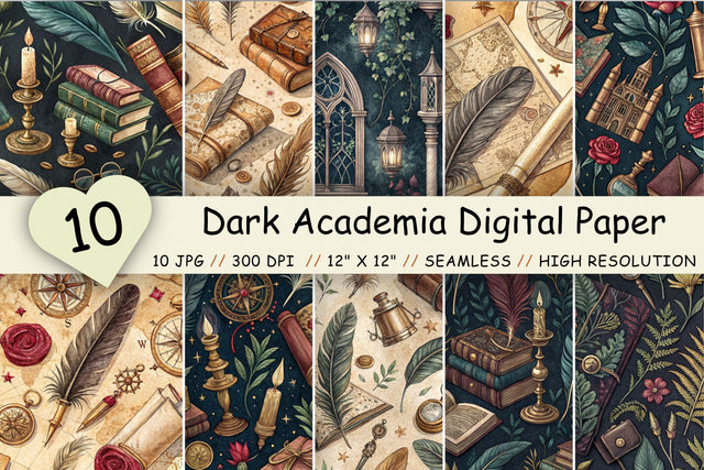 Dark Academia Digital Paper Pack, Seamless Vintage Pattern Bundle, Printable Scrapbook Paper, Gothic Scholar Design Collection Digital Pattern FloridPrintables 
