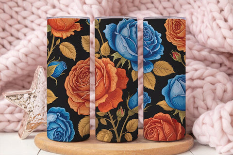 Dark Blue & Orange Roses Tumbler Wrap Sublimation DesignSVG 