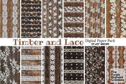 Dark Brown Wood White Lace Digital Paper | Farmhouse Filigree Rustic Wedding Digital Pattern Fine Purple Elephant Creations 