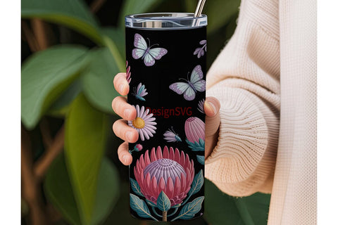 Dark Floral Protea 20oz Tumbler Wrap Sublimation DesignSVG 