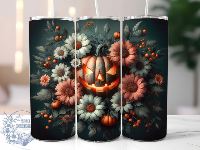 Dark Floral Pumpkin Halloween Tumbler, Pumpkin Halloween Mug, Jack-O-Lantern Wrap, Gothic Fall Drinkware, 20Oz Sublimation Design, Spooky Floral Cup, Autumn Pumpkin Mug Sublimation ToriDesigns 
