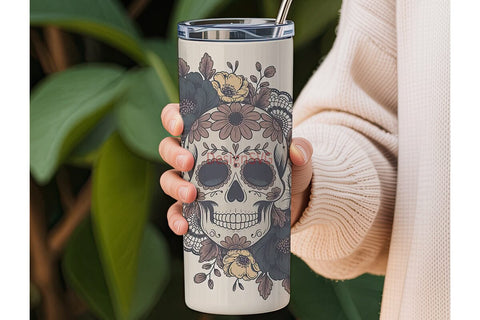 Dark Floral Sugar Skull 20oz Tumbler Sublimation DesignSVG 