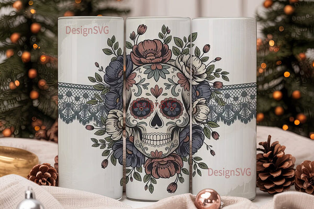 Dark Floral Sugar Skull 20oz Tumbler Sublimation DesignSVG 