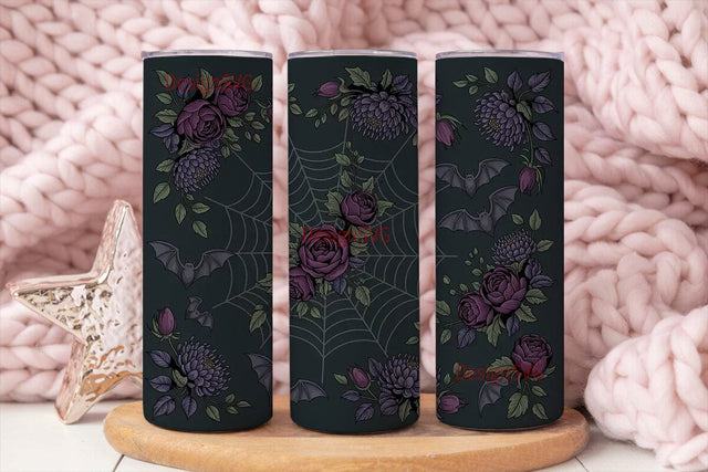 Dark Gothic Floral Bat 20oz Tumbler Wrap Sublimation DesignSVG 