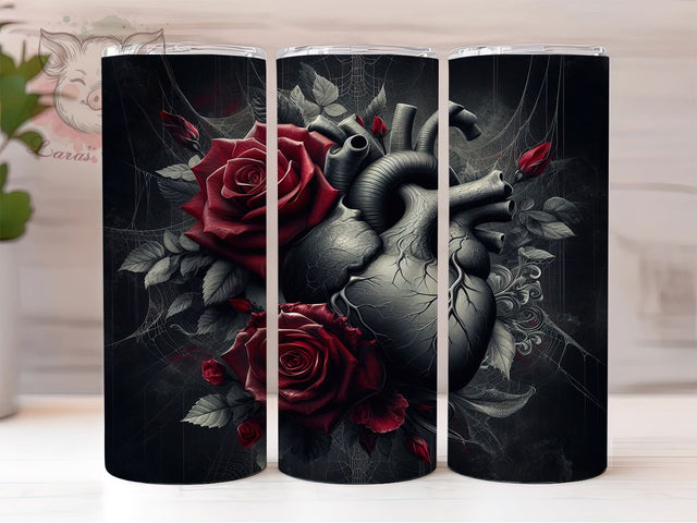 Dark Gothic Rose Heart Tumbler, Vintage Rose Pattern, Dark Romantic Design, 20Oz Sublimation Wrap, Elegant Gothic Art, Floral Heart Texture, Tumbler Sublimation Sublimation Lara' s Designs 