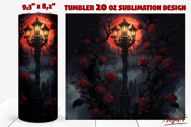 Dark Gothic tumbler wrap / street lamp with gothic flowers Sublimation Angelina Semenova 
