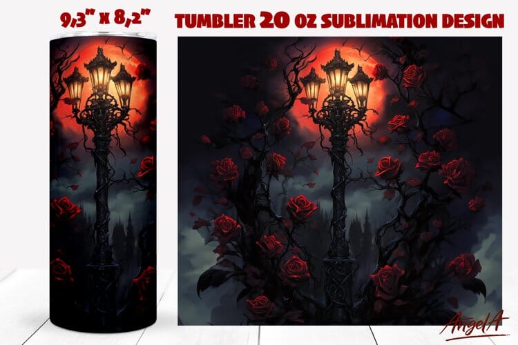 Dark Gothic tumbler wrap / street lamp with gothic flowers Sublimation Angelina Semenova 