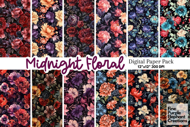 Dark Mystic Floral Digital Paper | Watercolor Flower Scrapbook Digital Pattern Fine Purple Elephant Creations 
