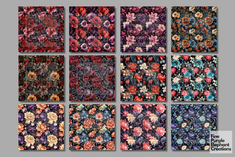 Dark Mystic Floral Digital Paper | Watercolor Flower Scrapbook Digital Pattern Fine Purple Elephant Creations 