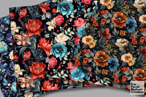 Dark Mystic Floral Digital Paper | Watercolor Flower Scrapbook Digital Pattern Fine Purple Elephant Creations 