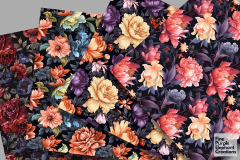 Dark Mystic Floral Digital Paper | Watercolor Flower Scrapbook Digital Pattern Fine Purple Elephant Creations 