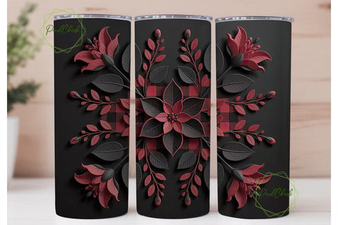 Dark Red Floral Buffalo Plaid Tumbler Sublimation PixelChick 