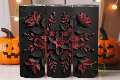 Dark Red Floral Buffalo Plaid Tumbler Sublimation PixelChick 