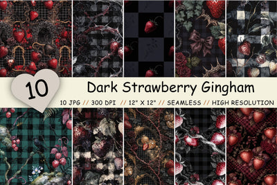 Dark Strawberry Gingham Digital Paper, Seamless Watercolor Fruit Pattern Pack, Printable Scrapbook Paper, Moody Gothic Design Bundle Digital Pattern FloridPrintables 