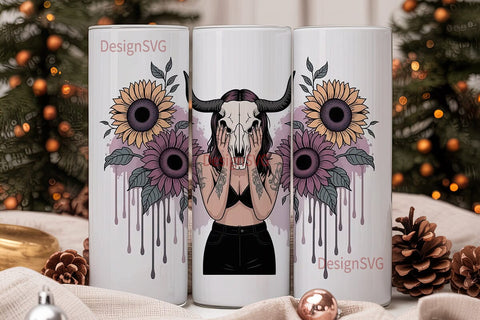 Dark Sunflower Bull Skull 20oz Tumbler Sublimation DesignSVG 