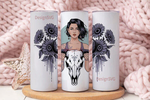 Dark Sunflower Bull Skull 20oz Tumbler Sublimation DesignSVG 